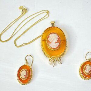 Vintage Cameo Jewelry Set 8K Gold Earrings and Pendant with 14K Necklace JR1121